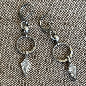 Silver Stainless Steel & Clear Faceted Crystal Long Geometric Pierced Earrings